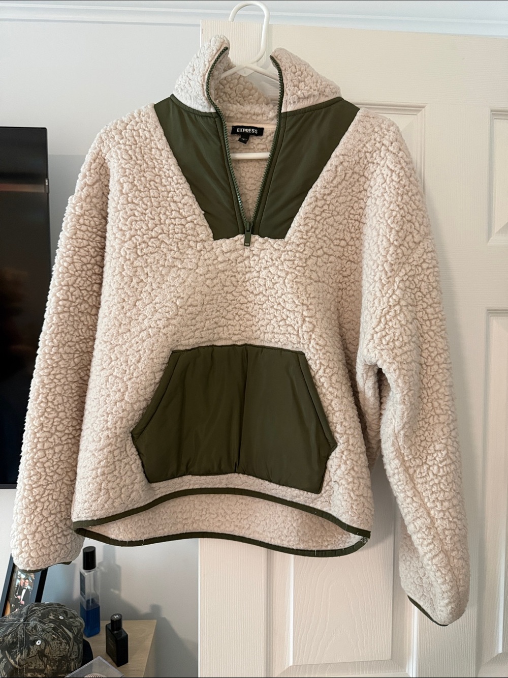Express Cream Teddy Sherpa Pullover Jacket with Olive Trim